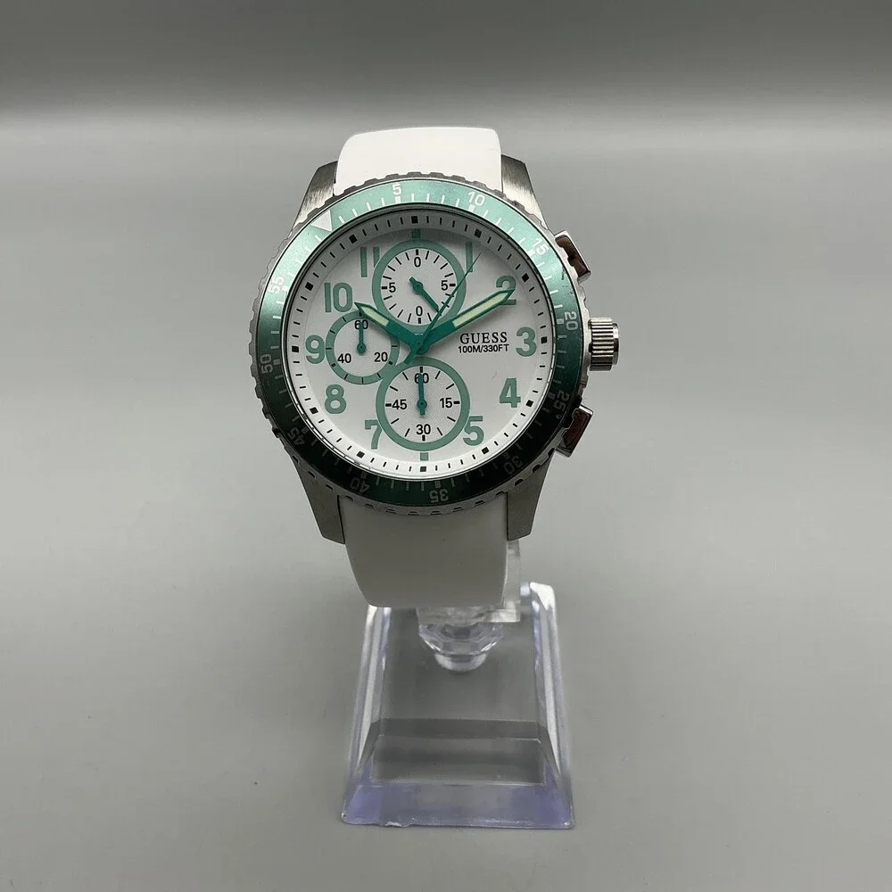 Guess Mens Watch 44mm White Green Dial White Silicone Chronograph New Battery